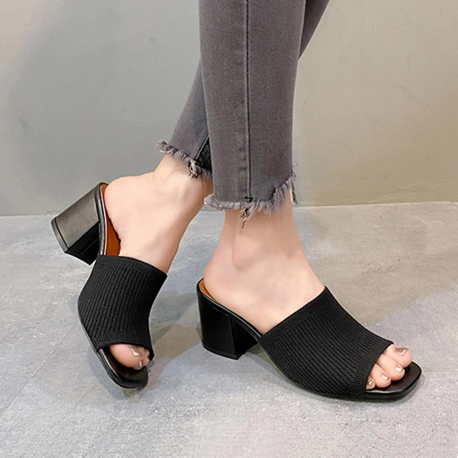 Women's Square Open Toe Knitted Mules Comfortable Breathable Slip On Chunky Block Heel Slide Sandals Dress Party Work Shoes