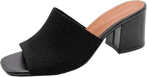 Women's Square Open Toe Knitted Mules Comfortable Breathable Slip On Chunky Block Heel Slide Sandals Dress Party Work Shoes