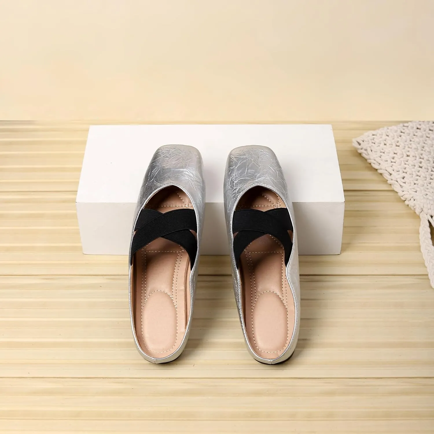 Women's Square Toe Cross Elastic Ties Flat Mules Retro Leather Closed Toe Comfortable Memory Foam Mary Jane Flats Slip On Work Casual Walking Shoes Slippers