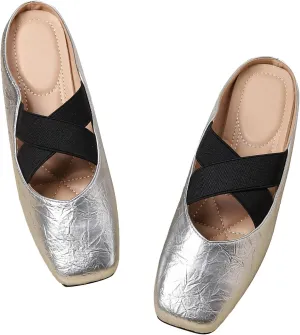 Women's Square Toe Cross Elastic Ties Flat Mules Retro Leather Closed Toe Comfortable Memory Foam Mary Jane Flats Slip On Work Casual Walking Shoes Slippers
