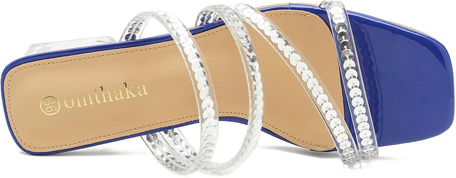 Women's Square Toe Heeled Sandals Strappy Heels Low Chunky Block Clear Heel Mules Slip on Wedding Bridal Party Dress Shoes