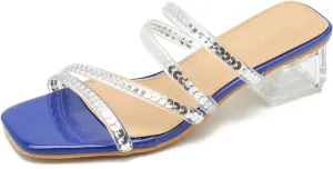 Women's Square Toe Heeled Sandals Strappy Heels Low Chunky Block Clear Heel Mules Slip on Wedding Bridal Party Dress Shoes