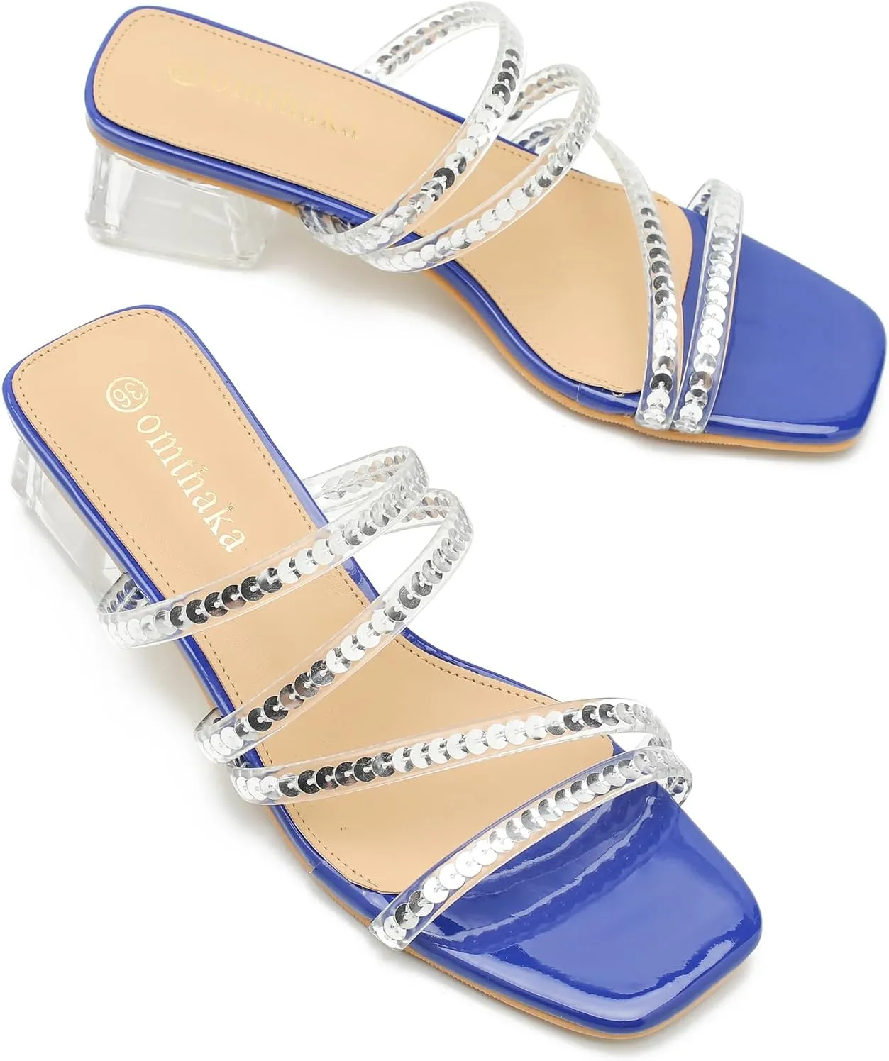 Women's Square Toe Heeled Sandals Strappy Heels Low Chunky Block Clear Heel Mules Slip on Wedding Bridal Party Dress Shoes