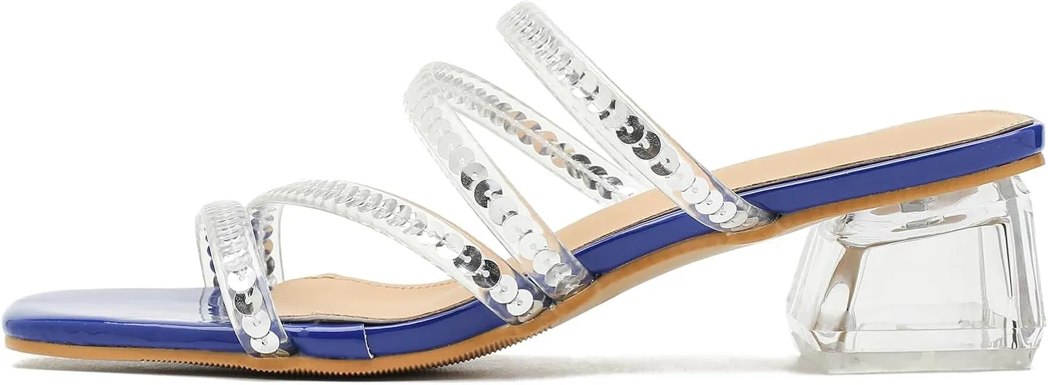 Women's Square Toe Heeled Sandals Strappy Heels Low Chunky Block Clear Heel Mules Slip on Wedding Bridal Party Dress Shoes