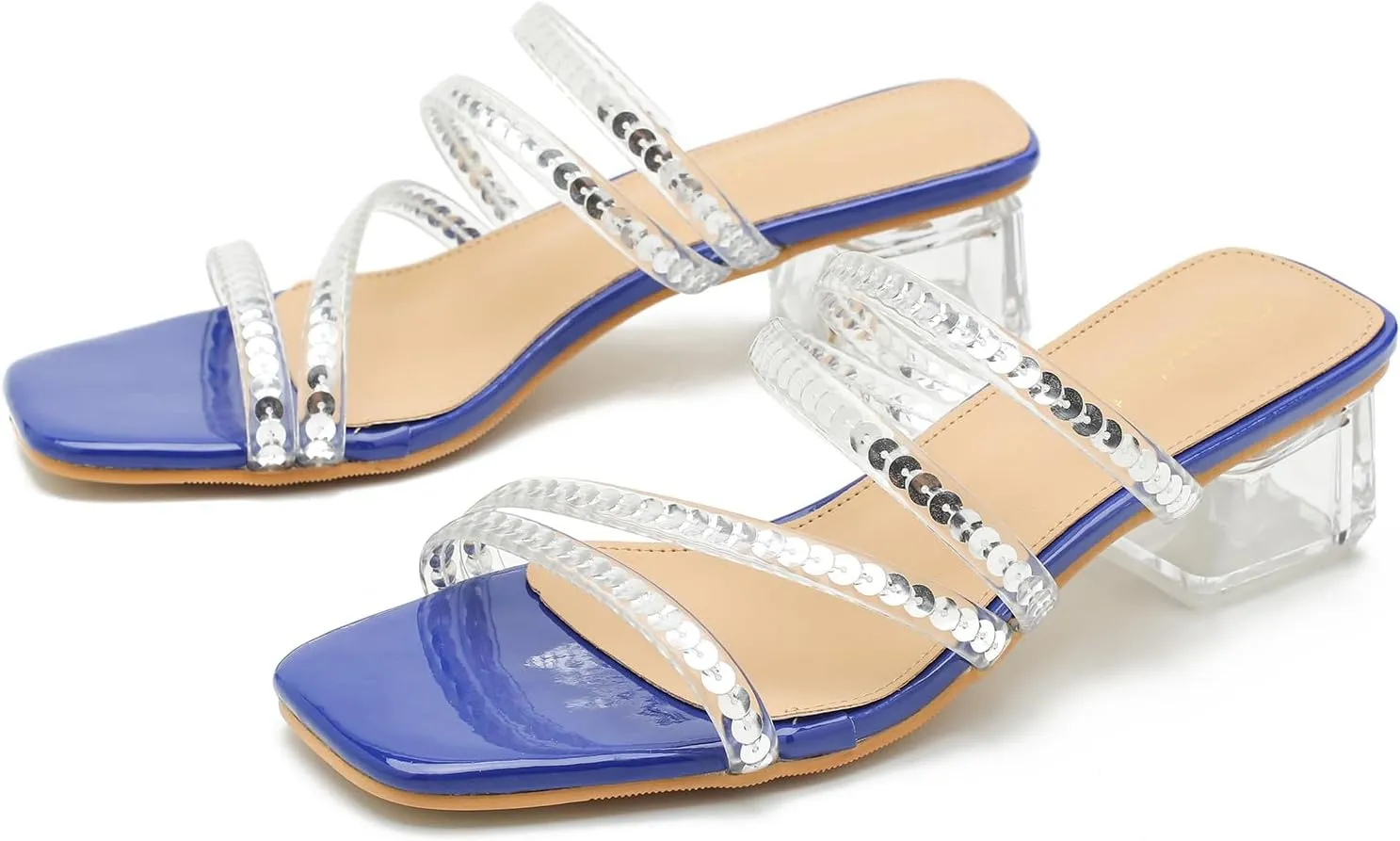 Women's Square Toe Heeled Sandals Strappy Heels Low Chunky Block Clear Heel Mules Slip on Wedding Bridal Party Dress Shoes
