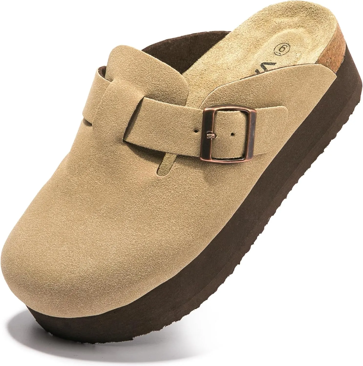 Women's Suede Clogs Cork Footbed Sandals Comfort Platform Mules with Arch Support Adjustable Buckle Slip On Slippers
