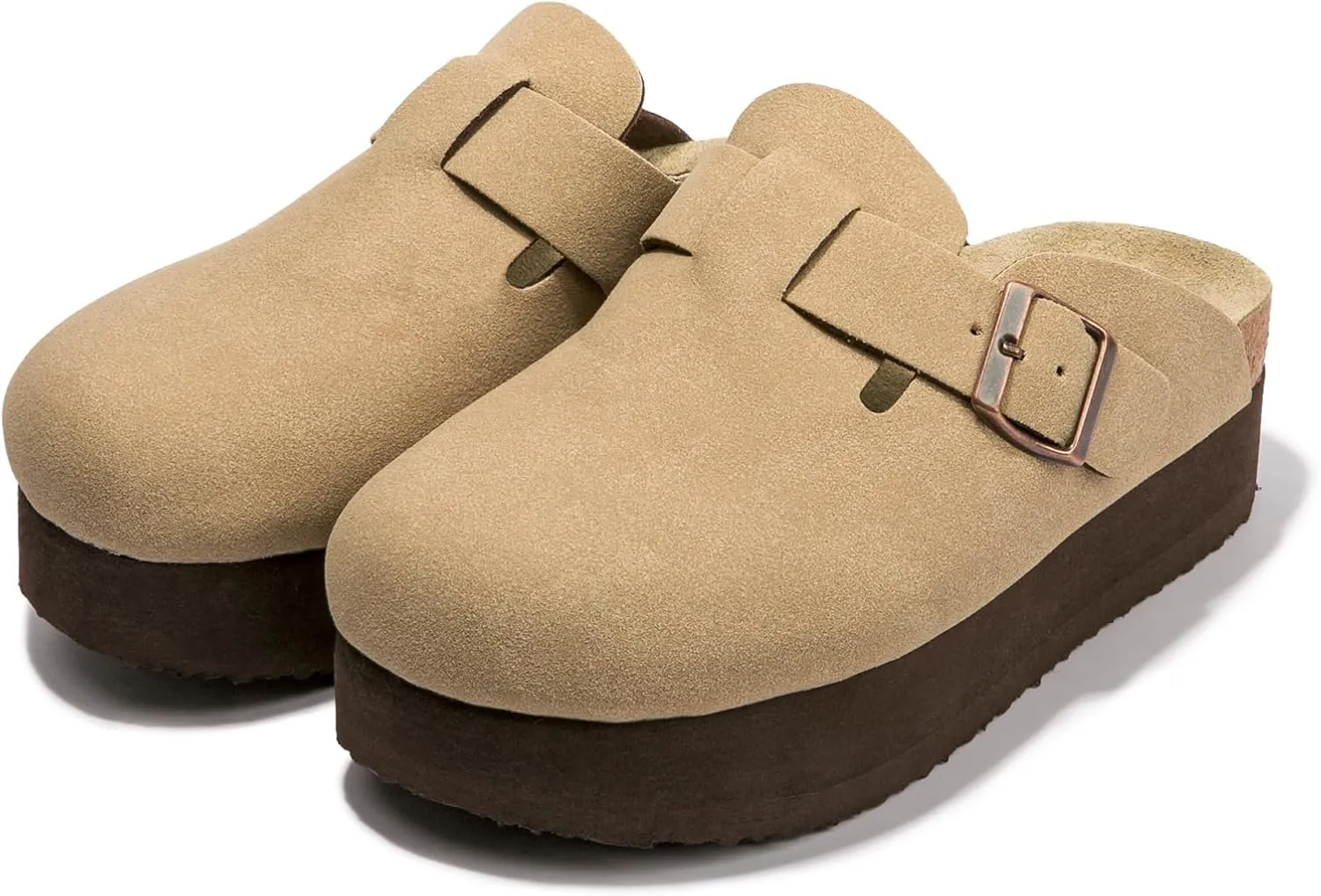 Women's Suede Clogs Cork Footbed Sandals Comfort Platform Mules with Arch Support Adjustable Buckle Slip On Slippers
