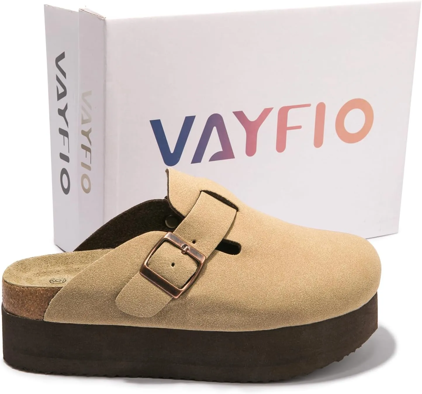 Women's Suede Clogs Cork Footbed Sandals Comfort Platform Mules with Arch Support Adjustable Buckle Slip On Slippers