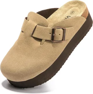 Women's Suede Clogs Cork Footbed Sandals Comfort Platform Mules with Arch Support Adjustable Buckle Slip On Slippers