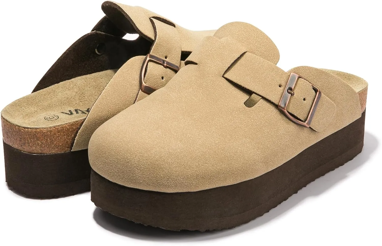 Women's Suede Clogs Cork Footbed Sandals Comfort Platform Mules with Arch Support Adjustable Buckle Slip On Slippers