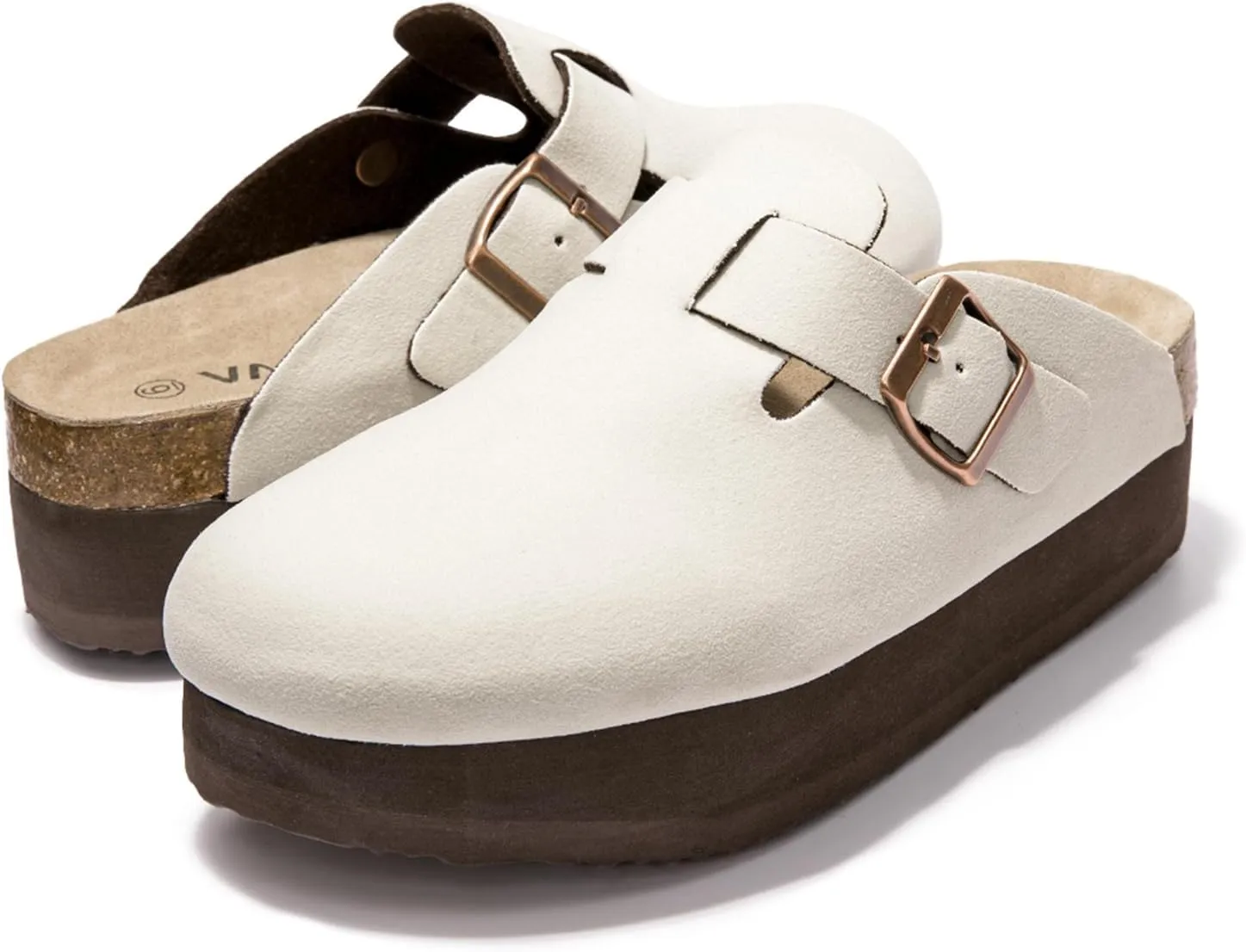 Women's Suede Clogs Cork Footbed Sandals Comfort Platform Mules with Arch Support Adjustable Buckle Slip On Slippers