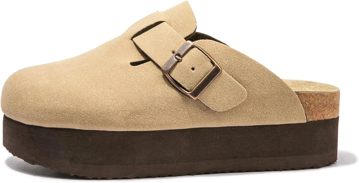 Women's Suede Clogs Cork Footbed Sandals Comfort Platform Mules with Arch Support Adjustable Buckle Slip On Slippers