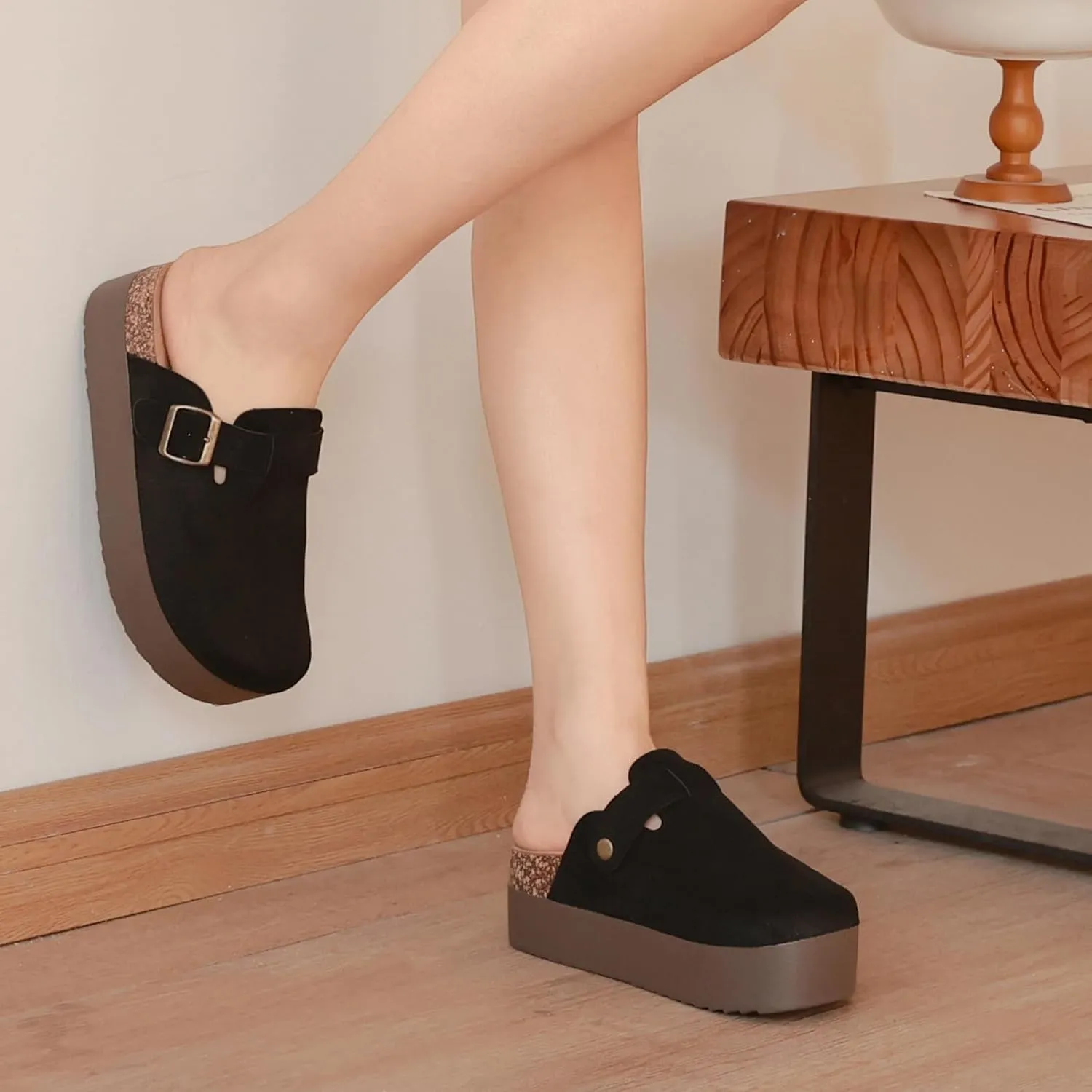 Women's Suede Clogs Leather Platform Mules Cork Footbed Sandals Comfort Potato Shoes with Arch Support Adjustable Buckle Slip On Slippers Brown