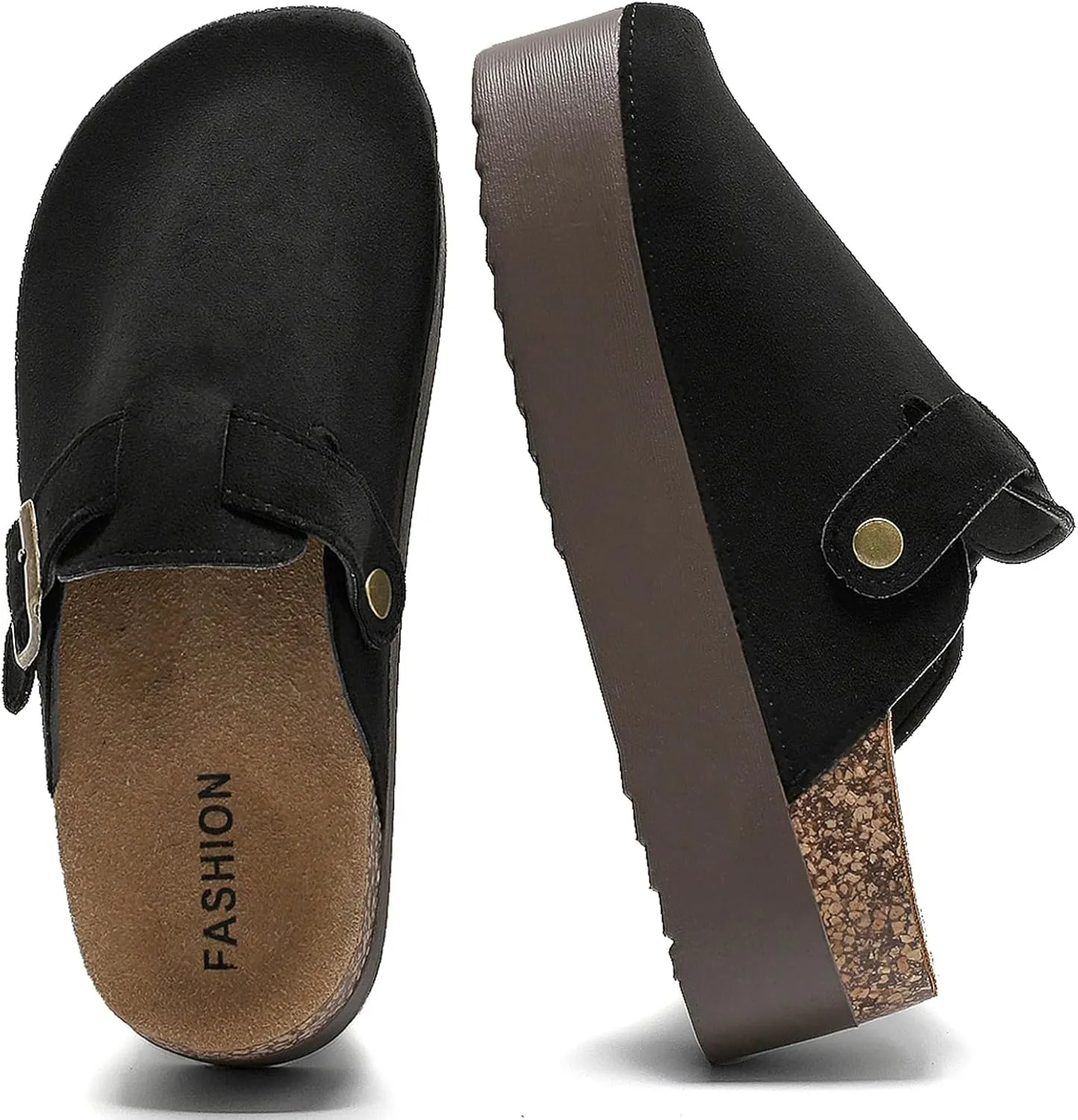 Women's Suede Clogs Leather Platform Mules Cork Footbed Sandals Comfort Potato Shoes with Arch Support Adjustable Buckle Slip On Slippers Brown