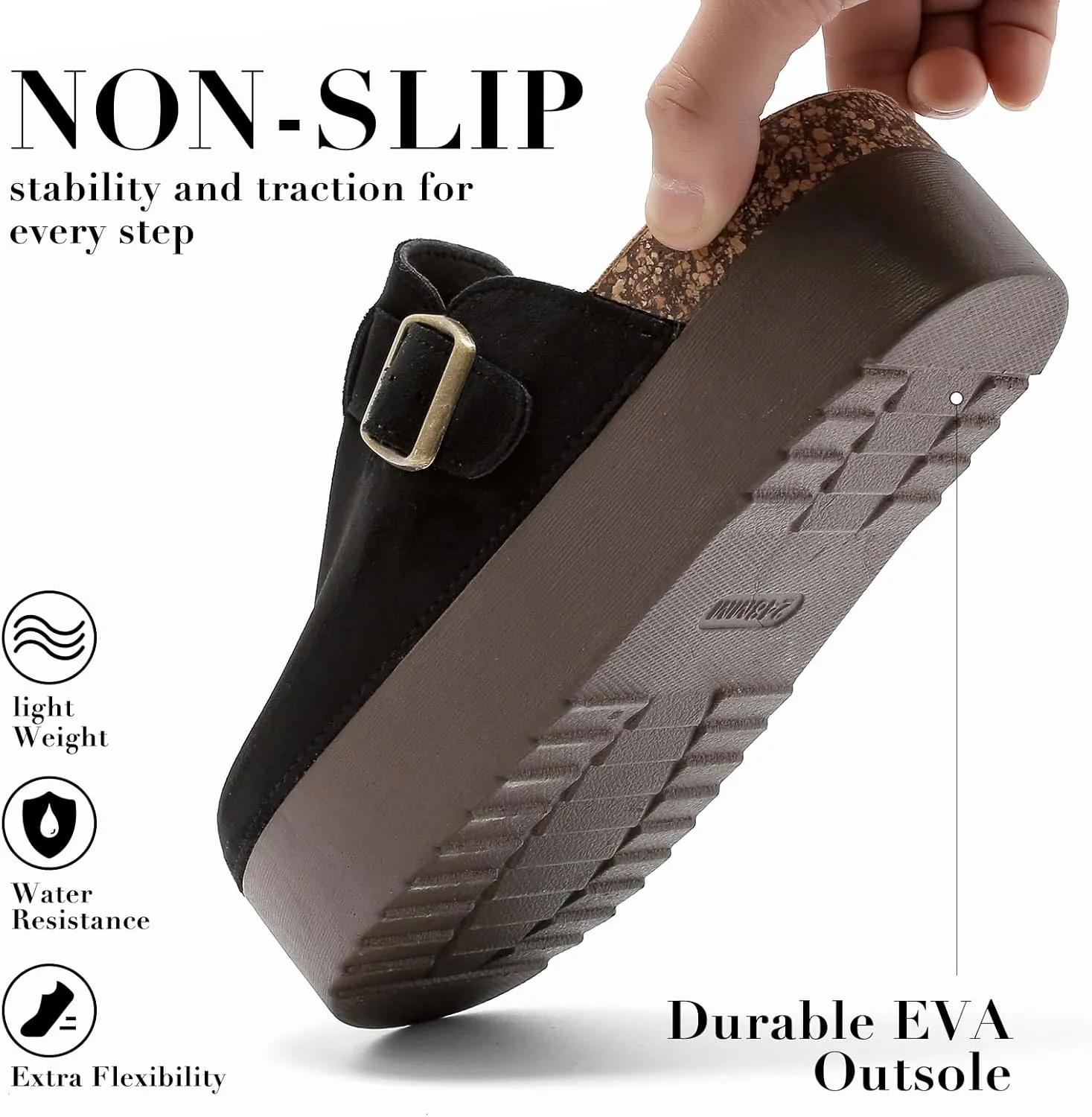 Women's Suede Clogs Leather Platform Mules Cork Footbed Sandals Comfort Potato Shoes with Arch Support Adjustable Buckle Slip On Slippers Brown