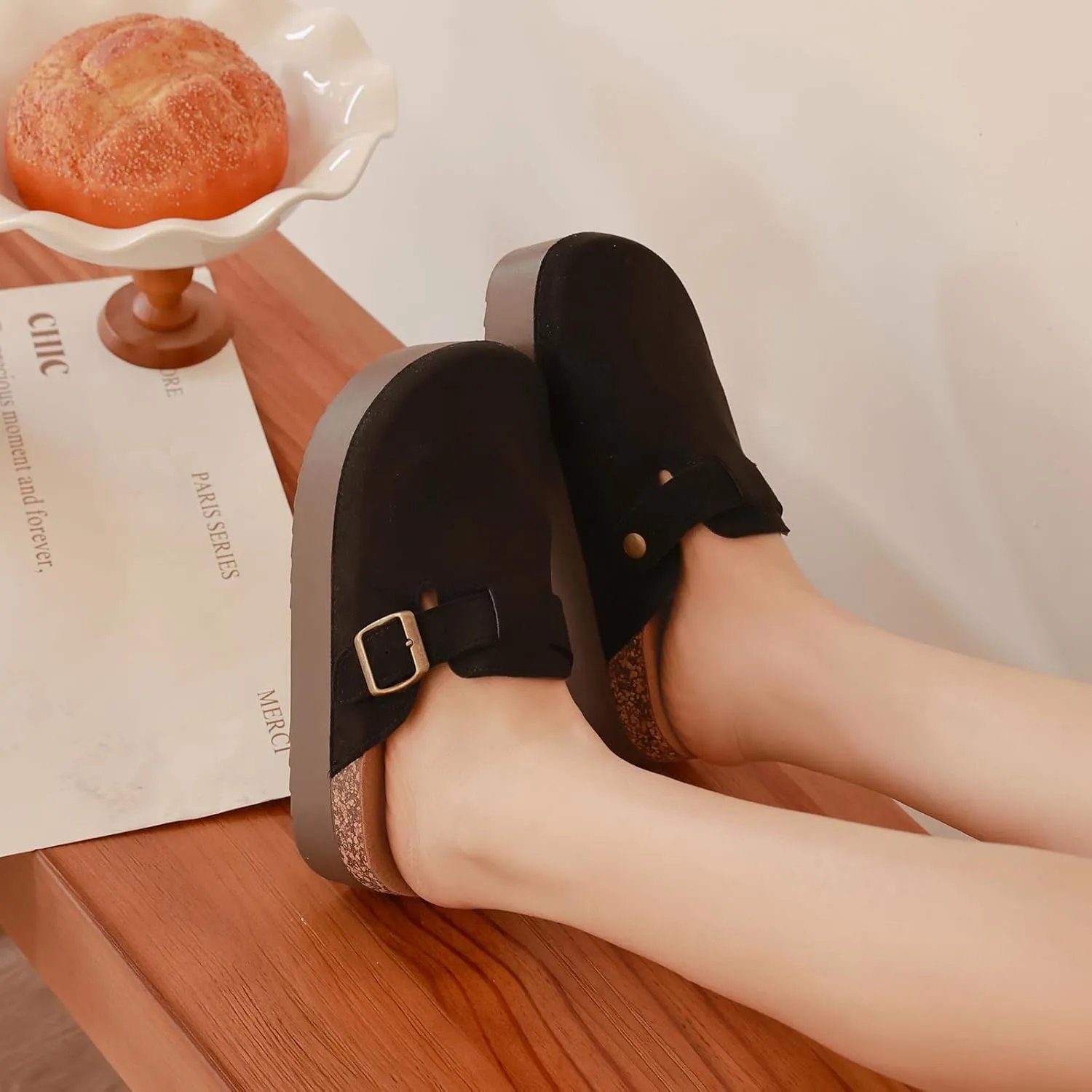 Women's Suede Clogs Leather Platform Mules Cork Footbed Sandals Comfort Potato Shoes with Arch Support Adjustable Buckle Slip On Slippers Brown