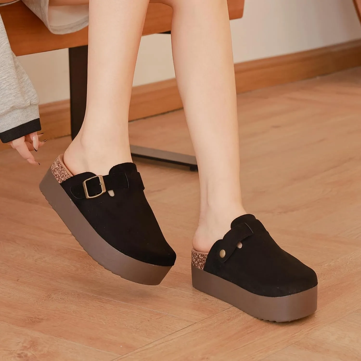 Women's Suede Clogs Leather Platform Mules Cork Footbed Sandals Comfort Potato Shoes with Arch Support Adjustable Buckle Slip On Slippers Brown