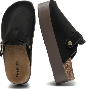 Women's Suede Clogs Leather Platform Mules Cork Footbed Sandals Comfort Potato Shoes with Arch Support Adjustable Buckle Slip On Slippers Brown