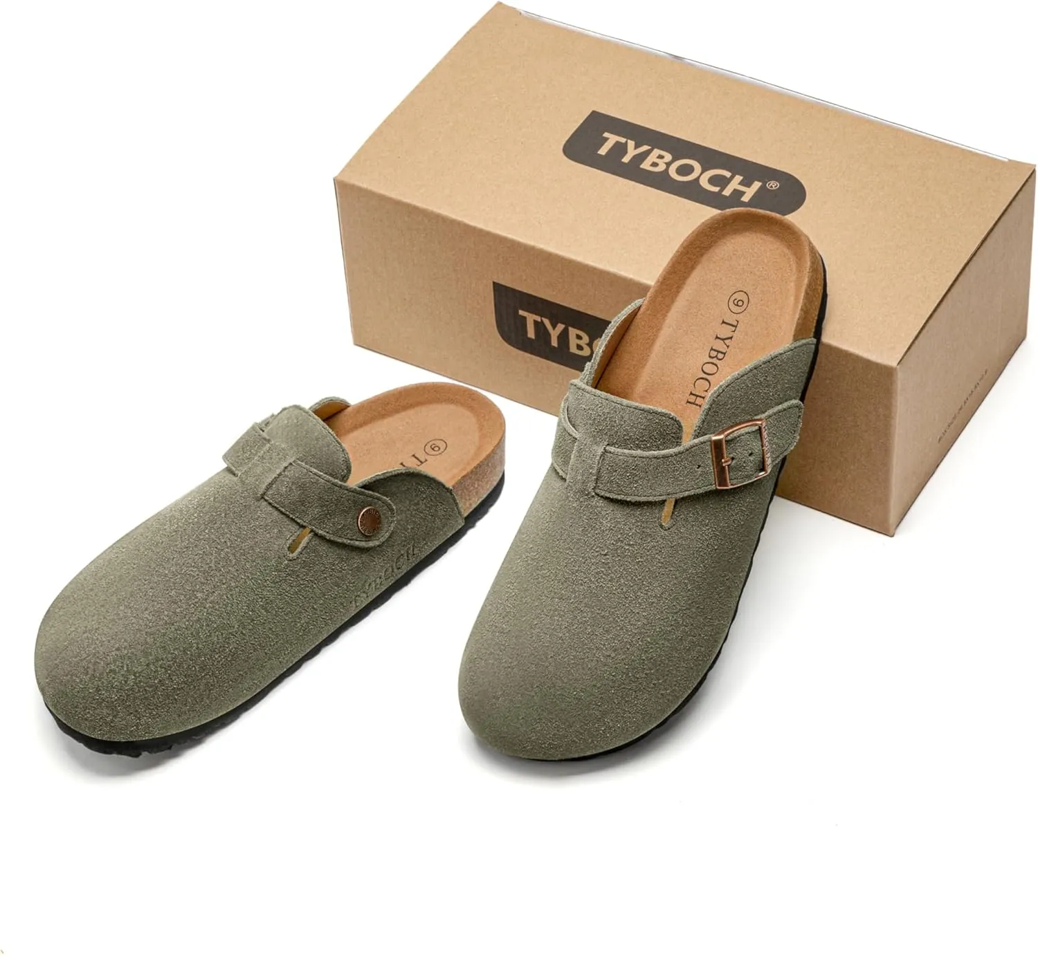 Women's Suede Clogs Soft Leather Mules Adjustable Buckle Cork Footbed Potato Shoes with Arch Support