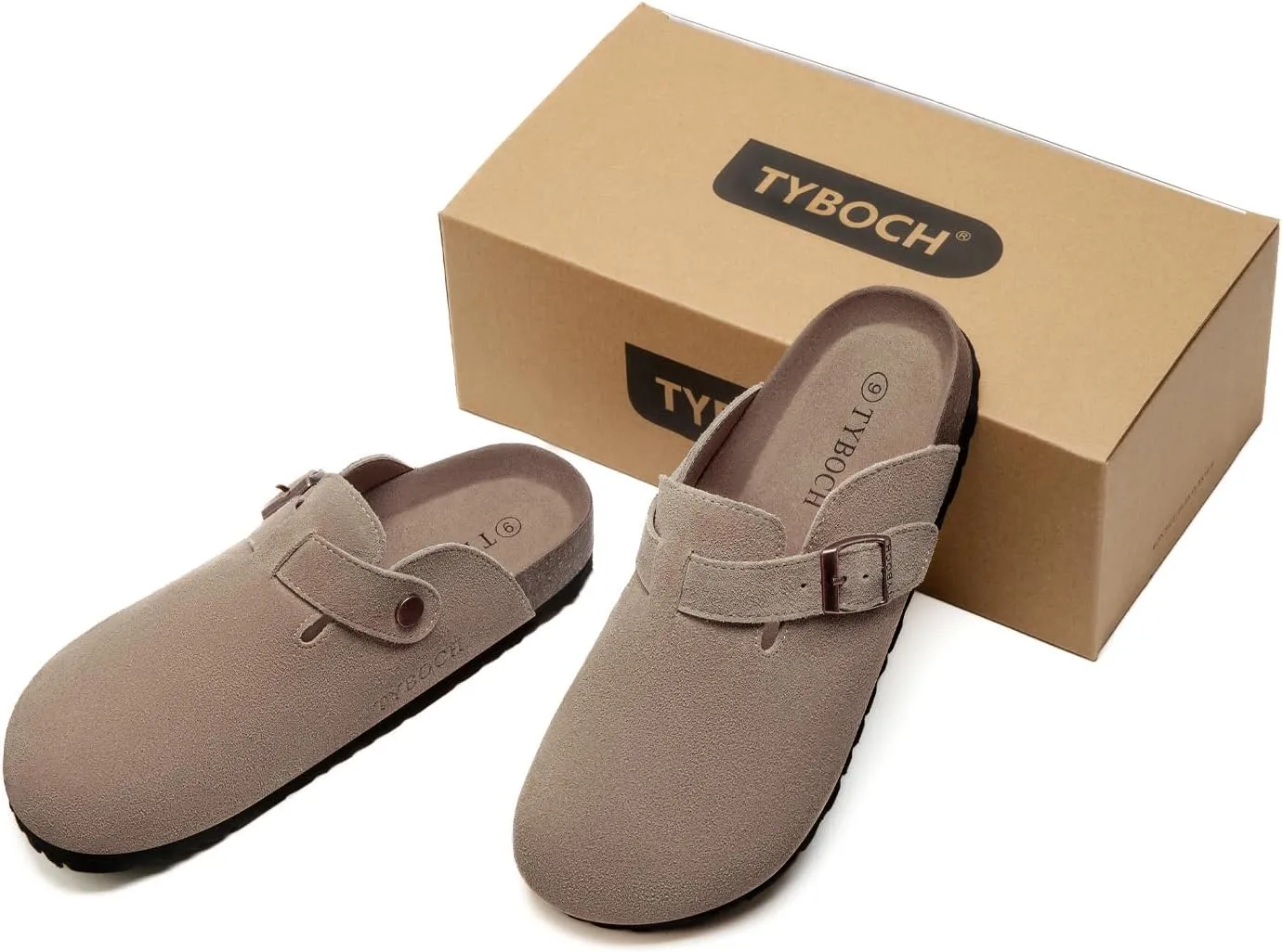 Women's Suede Clogs Soft Leather Mules Adjustable Buckle Cork Footbed Potato Shoes with Arch Support
