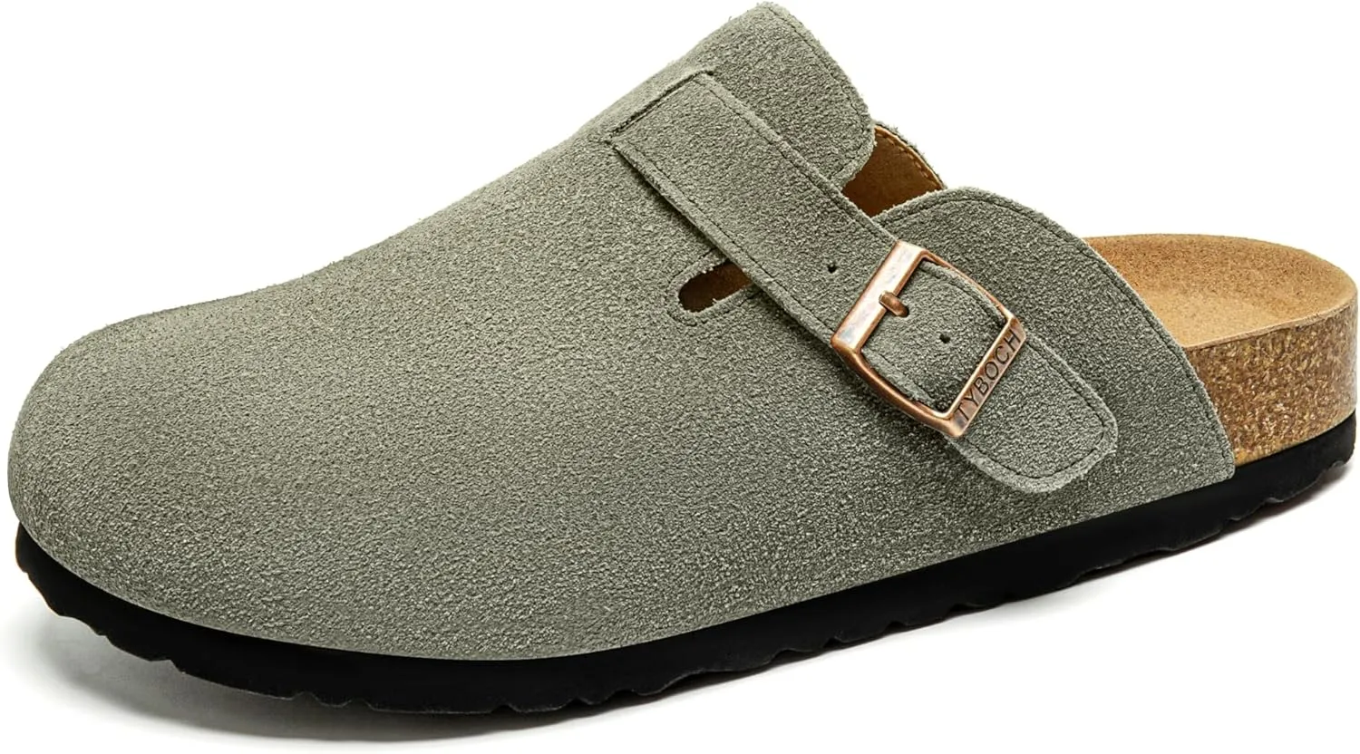 Women's Suede Clogs Soft Leather Mules Adjustable Buckle Cork Footbed Potato Shoes with Arch Support