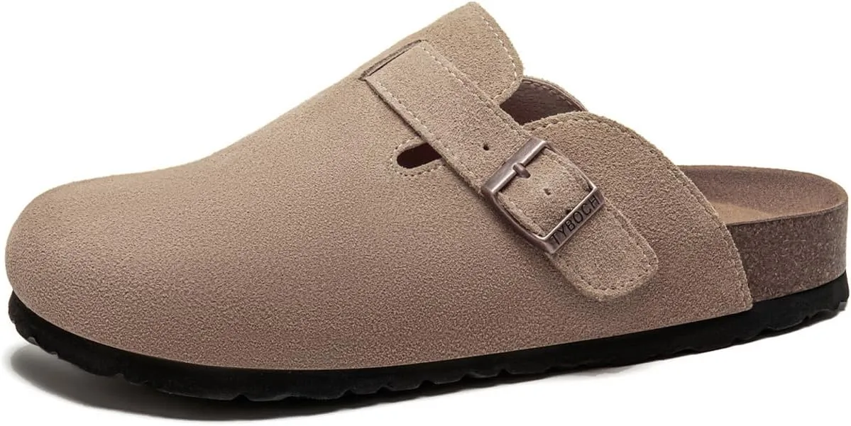 Women's Suede Clogs Soft Leather Mules Adjustable Buckle Cork Footbed Potato Shoes with Arch Support