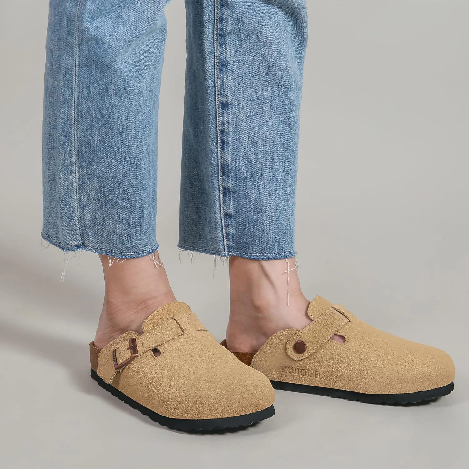 Women's Suede Clogs Soft Leather Mules Adjustable Buckle Cork Footbed Potato Shoes with Arch Support