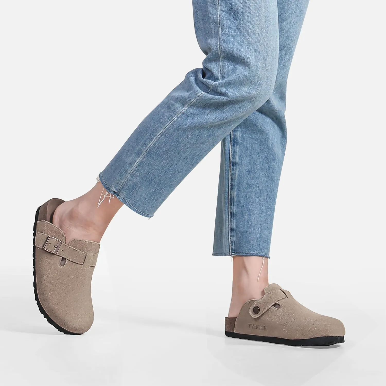 Women's Suede Clogs Soft Leather Mules Adjustable Buckle Cork Footbed Potato Shoes with Arch Support