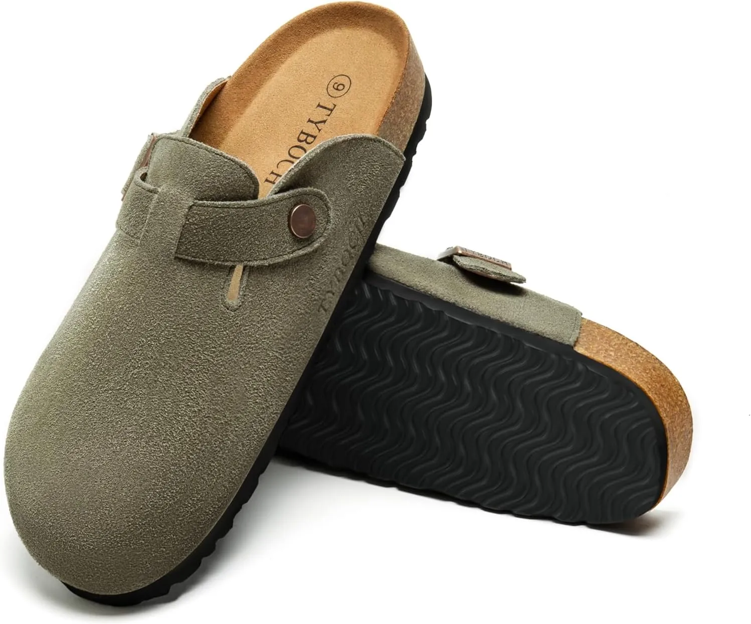 Women's Suede Clogs Soft Leather Mules Adjustable Buckle Cork Footbed Potato Shoes with Arch Support