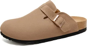 Women's Suede Clogs Soft Leather Mules Adjustable Buckle Cork Footbed Potato Shoes with Arch Support