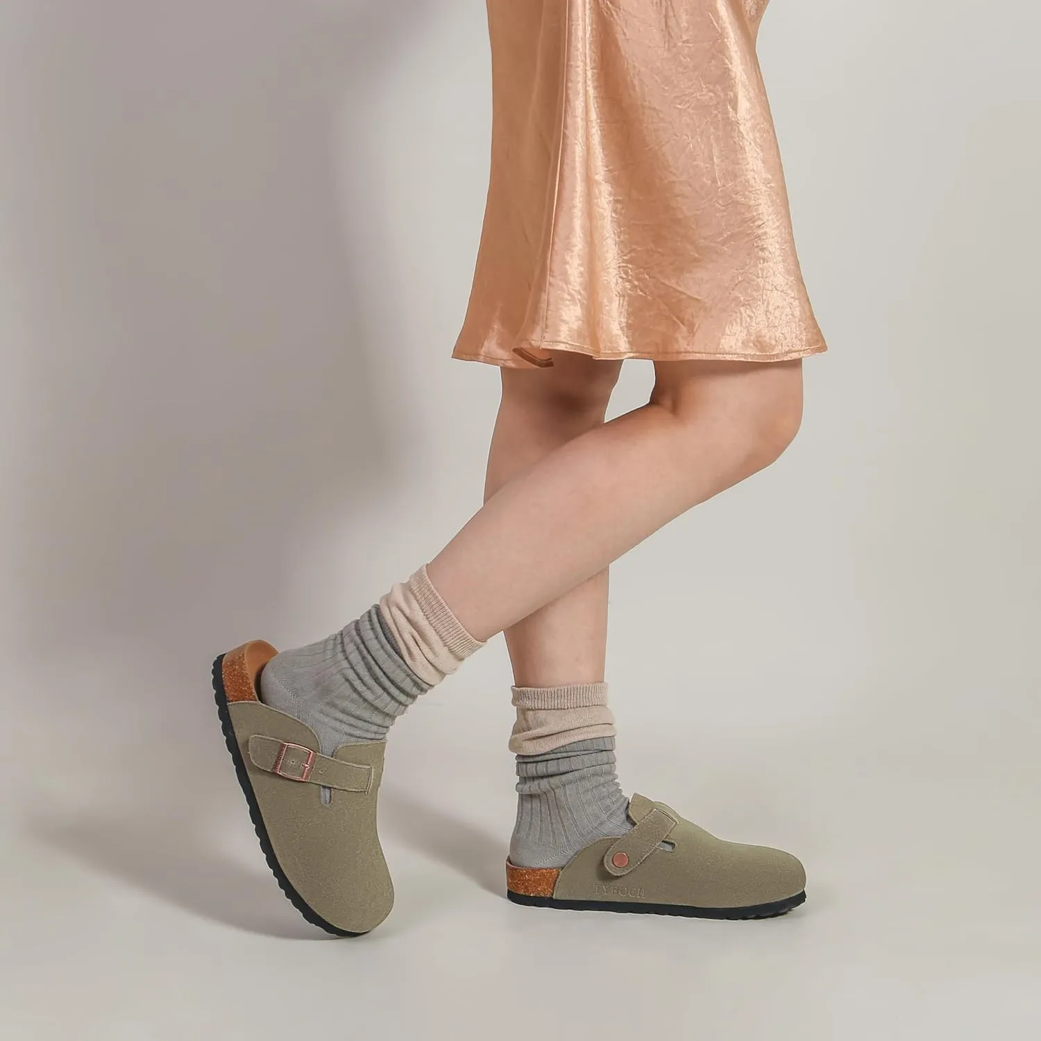 Women's Suede Clogs Soft Leather Mules Adjustable Buckle Cork Footbed Potato Shoes with Arch Support