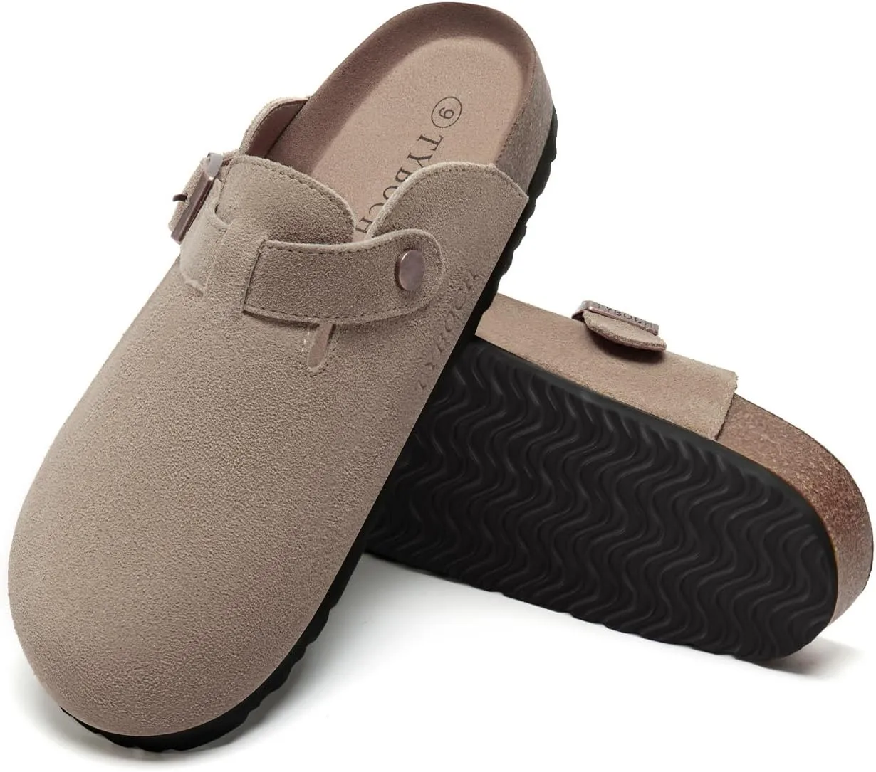 Women's Suede Clogs Soft Leather Mules Adjustable Buckle Cork Footbed Potato Shoes with Arch Support