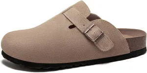 Women's Suede Clogs Soft Leather Mules Adjustable Buckle Cork Footbed Potato Shoes with Arch Support