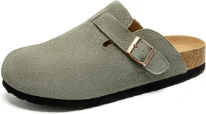 Women's Suede Clogs Soft Leather Mules Adjustable Buckle Cork Footbed Potato Shoes with Arch Support