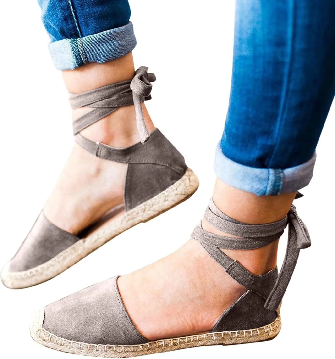 Womens Summer Espadrille Platform Flat Sandals Closed Toe Crisscross Elastic Ankle Buckle Strap Arch Support Shoes