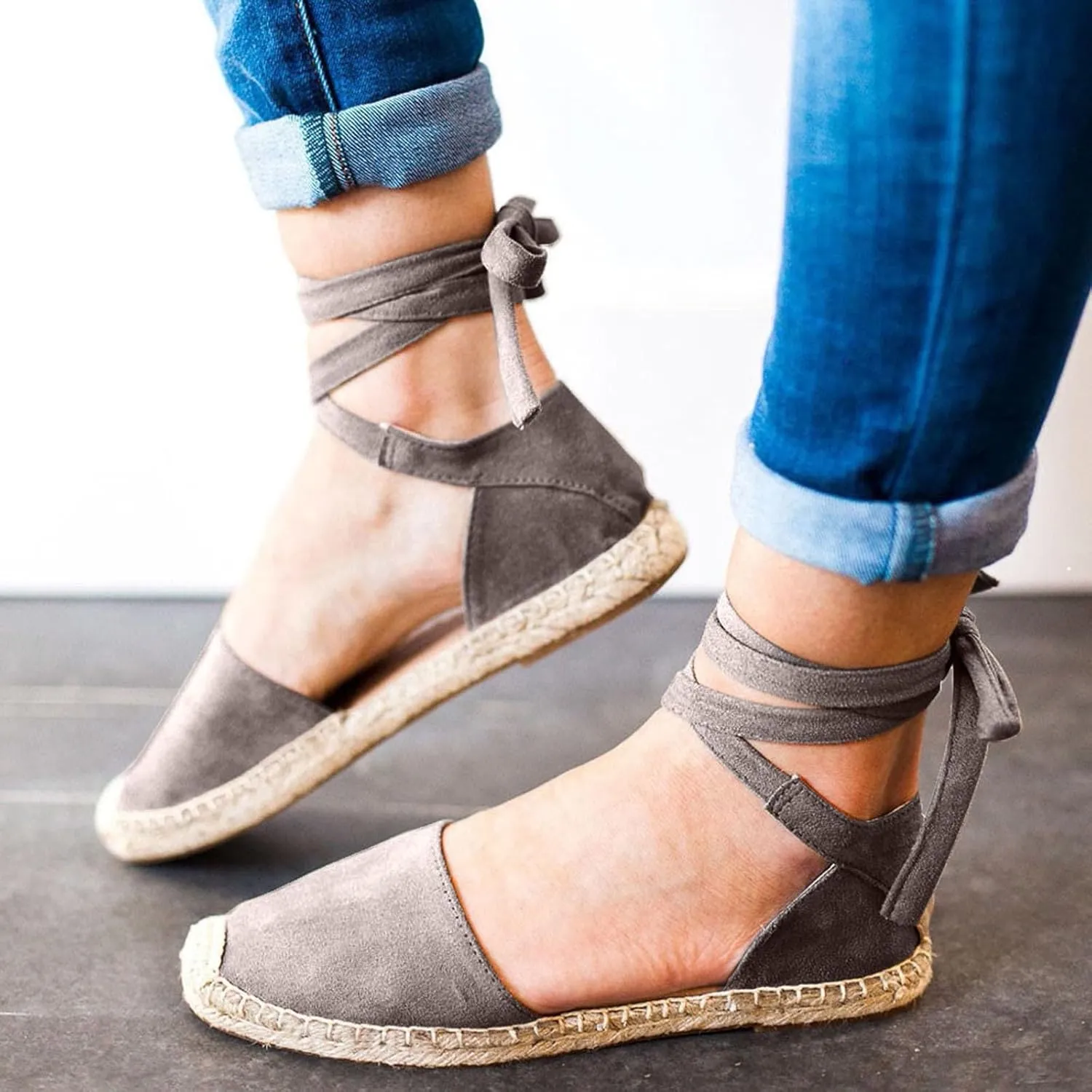 Womens Summer Espadrille Platform Flat Sandals Closed Toe Crisscross Elastic Ankle Buckle Strap Arch Support Shoes