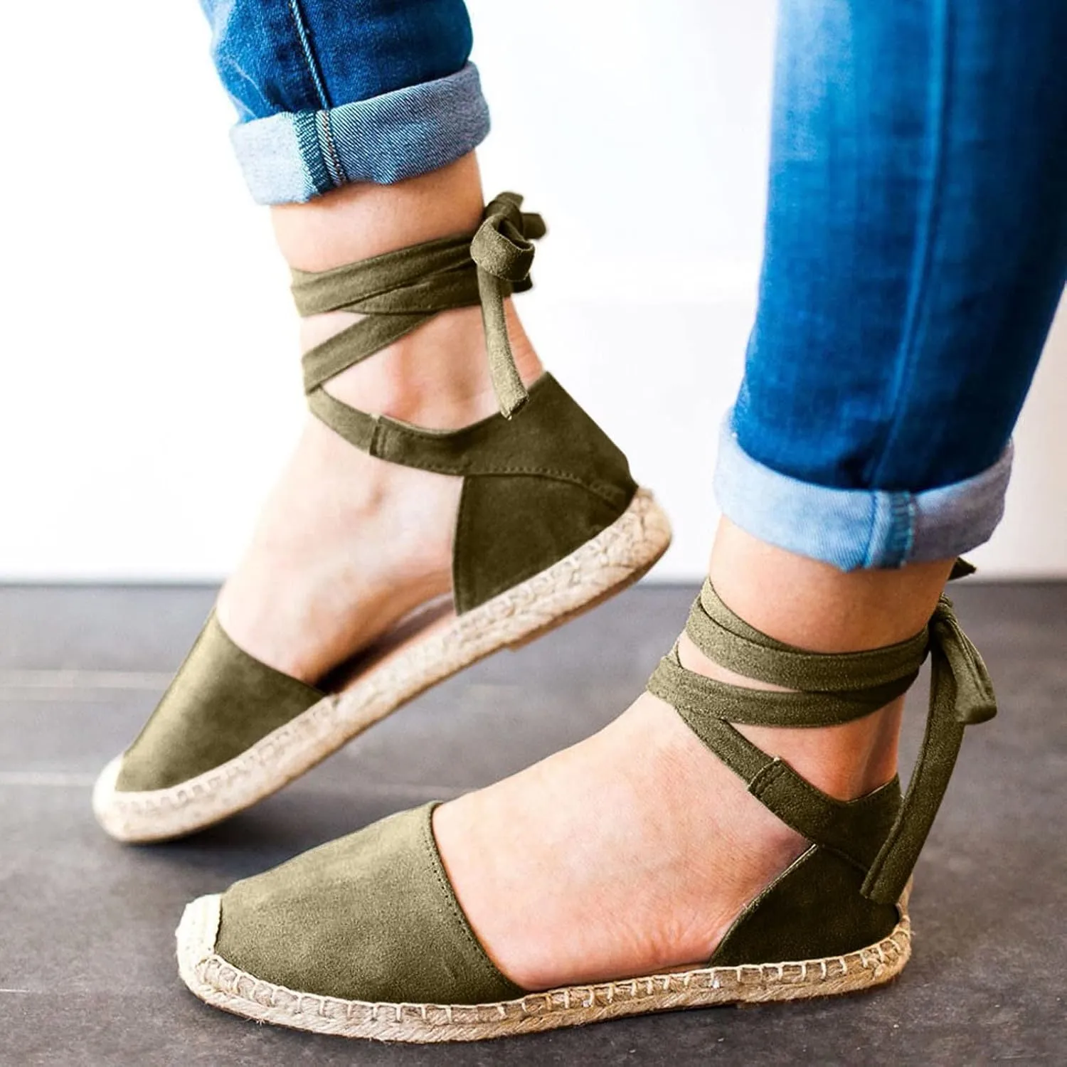 Womens Summer Espadrille Platform Flat Sandals Closed Toe Crisscross Elastic Ankle Buckle Strap Arch Support Shoes