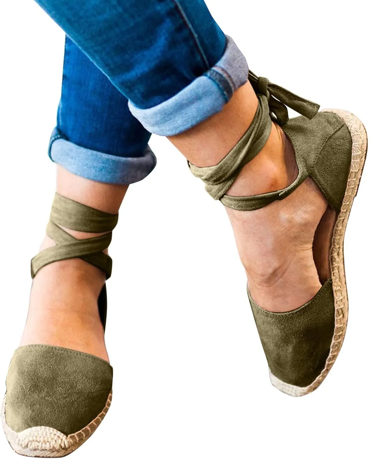 Womens Summer Espadrille Platform Flat Sandals Closed Toe Crisscross Elastic Ankle Buckle Strap Arch Support Shoes