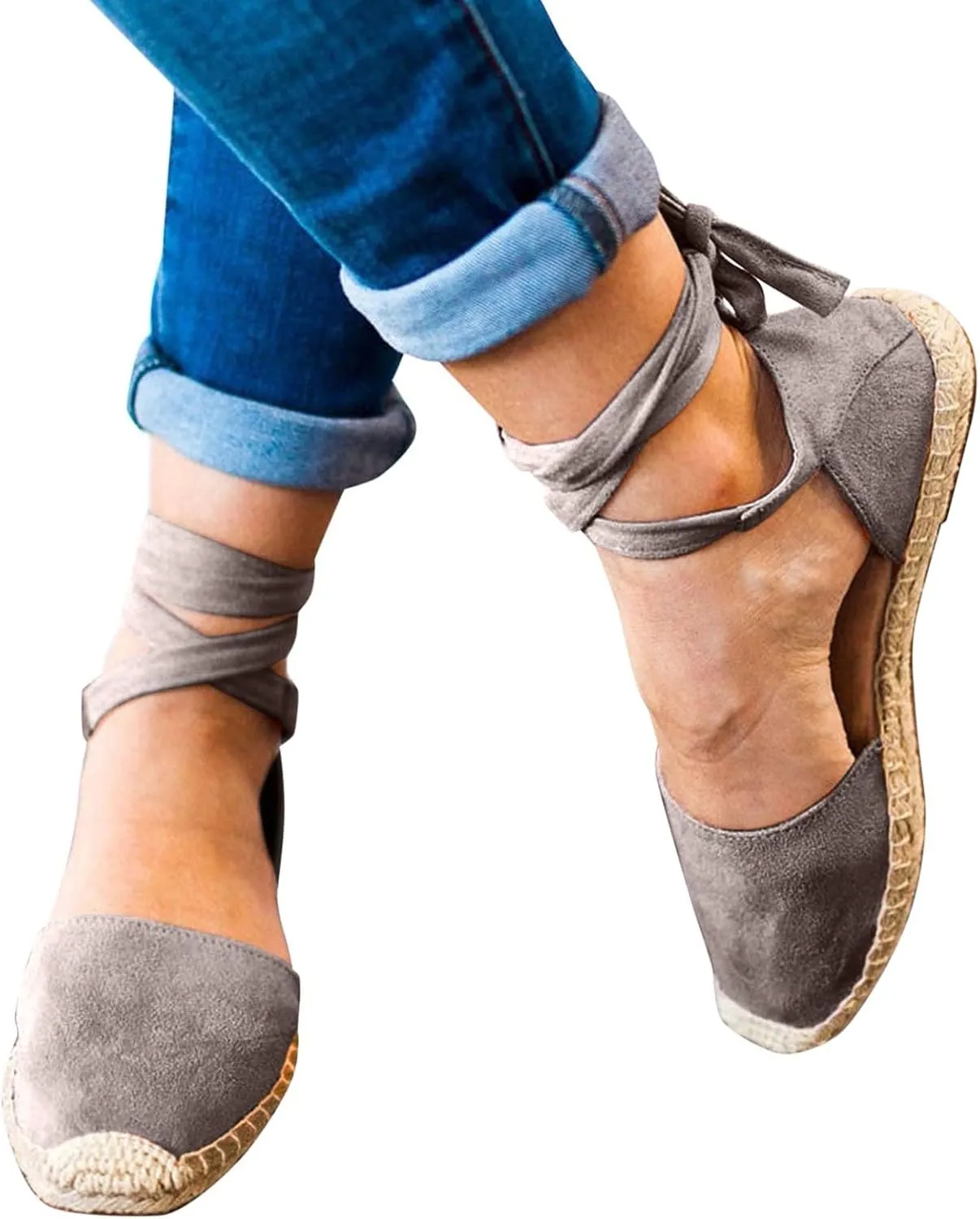 Womens Summer Espadrille Platform Flat Sandals Closed Toe Crisscross Elastic Ankle Buckle Strap Arch Support Shoes