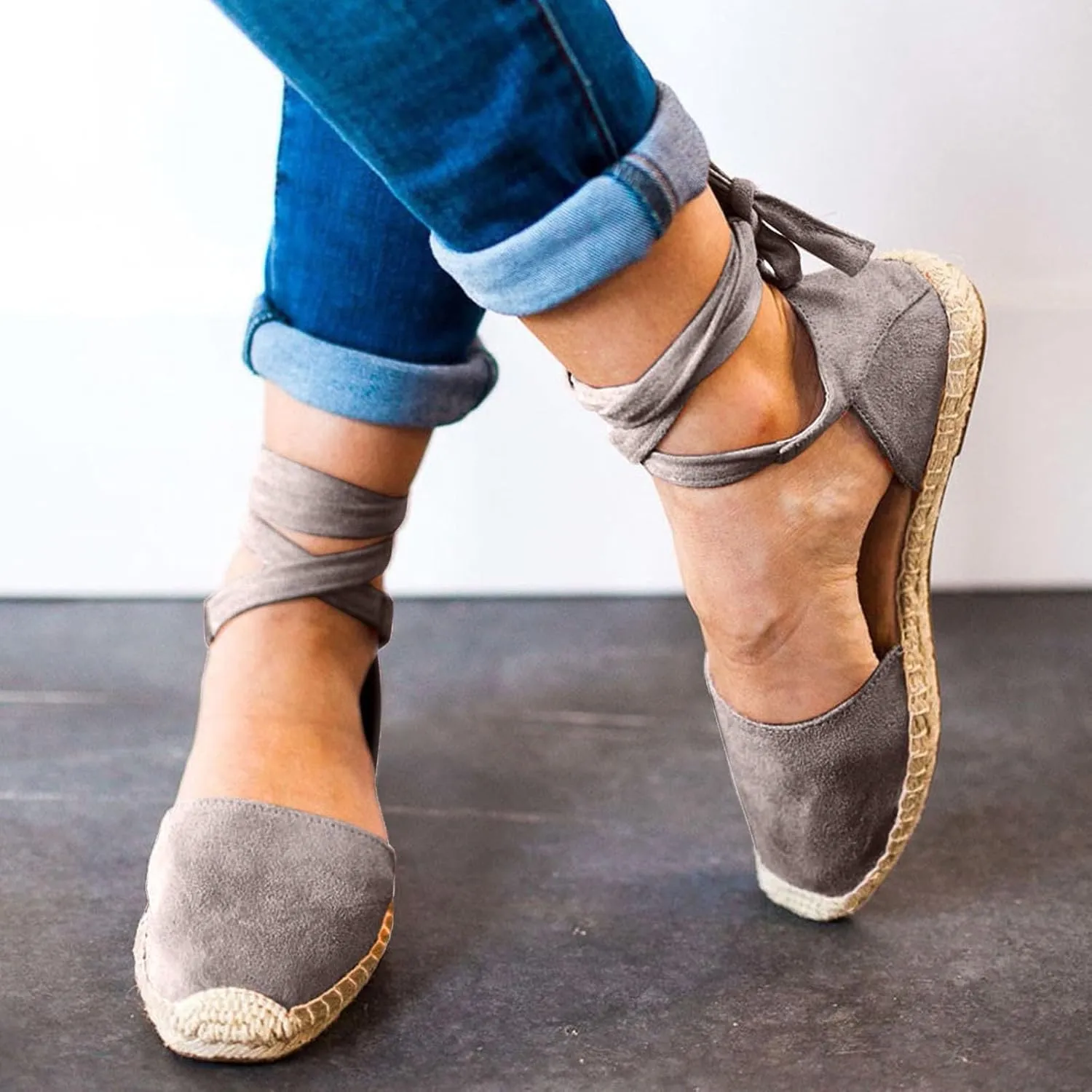 Womens Summer Espadrille Platform Flat Sandals Closed Toe Crisscross Elastic Ankle Buckle Strap Arch Support Shoes
