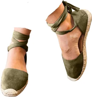 Womens Summer Espadrille Platform Flat Sandals Closed Toe Crisscross Elastic Ankle Buckle Strap Arch Support Shoes