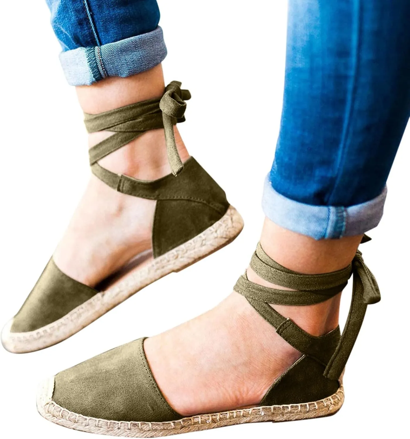Womens Summer Espadrille Platform Flat Sandals Closed Toe Crisscross Elastic Ankle Buckle Strap Arch Support Shoes