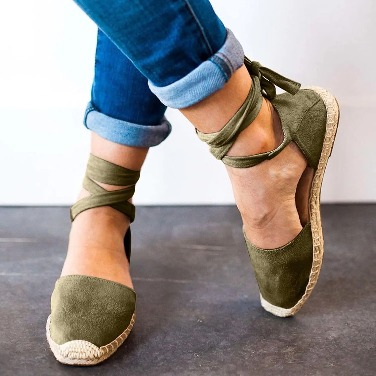 Womens Summer Espadrille Platform Flat Sandals Closed Toe Crisscross Elastic Ankle Buckle Strap Arch Support Shoes