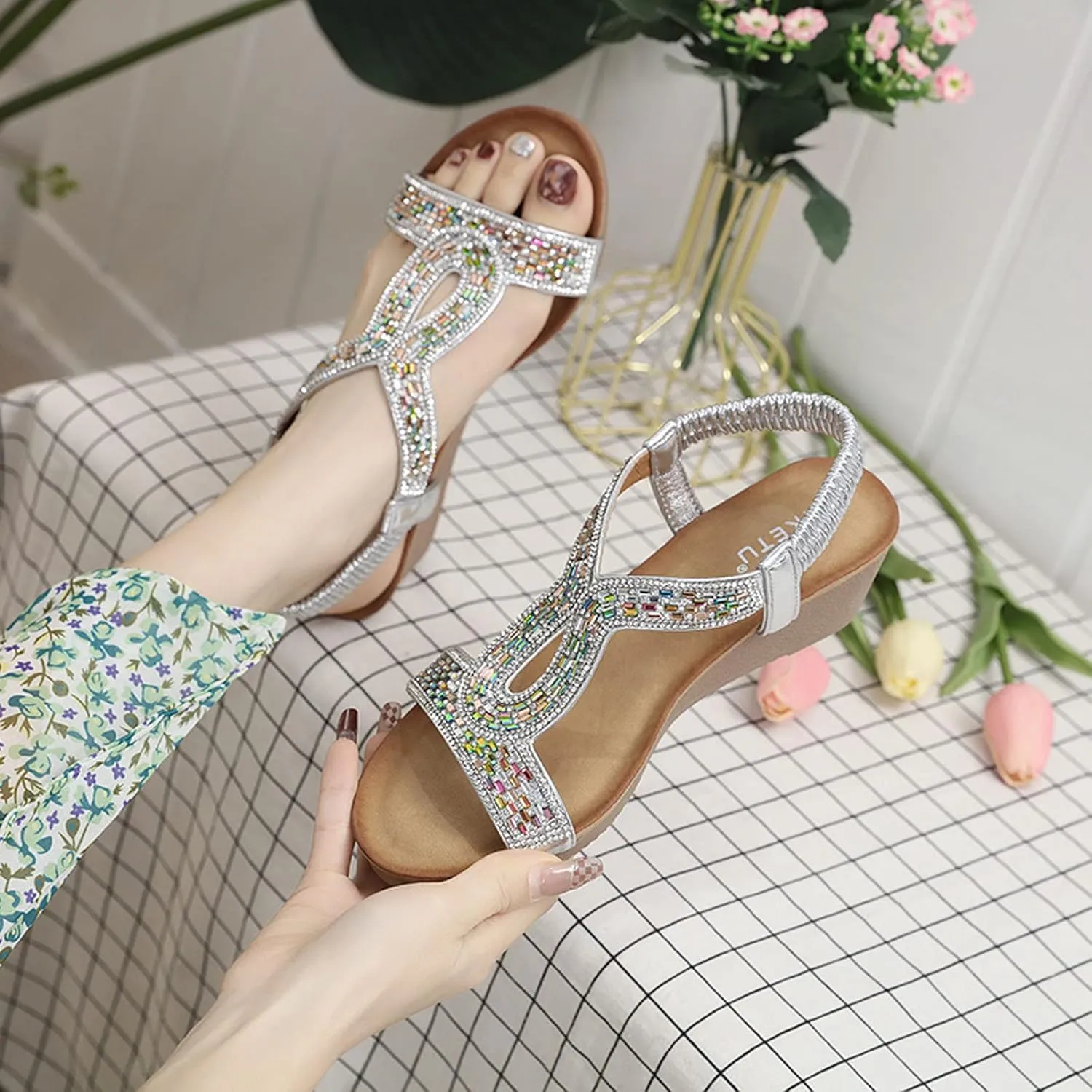 Women's Summer Sandals Beach Bohemian Beaded Ankle Walking Strap Casual Flip Flops Ladies Sexy Flats Comfortable Shoes