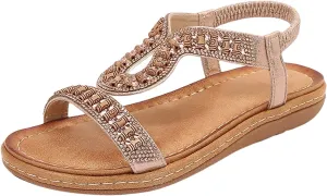 Women's T-Strap Beaded Flower Rhinestone Flat Summer Casual Beaded Elastic Sandals Sandals Dress Beach Shoes (Brown, 8)