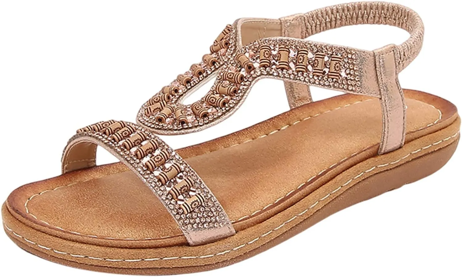 Women's T-Strap Beaded Flower Rhinestone Flat Summer Casual Beaded Elastic Sandals Sandals Dress Beach Shoes (Brown, 8)