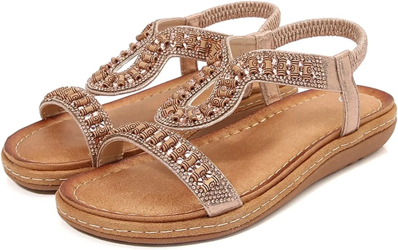 Women's T-Strap Beaded Flower Rhinestone Flat Summer Casual Beaded Elastic Sandals Sandals Dress Beach Shoes (Brown, 8)