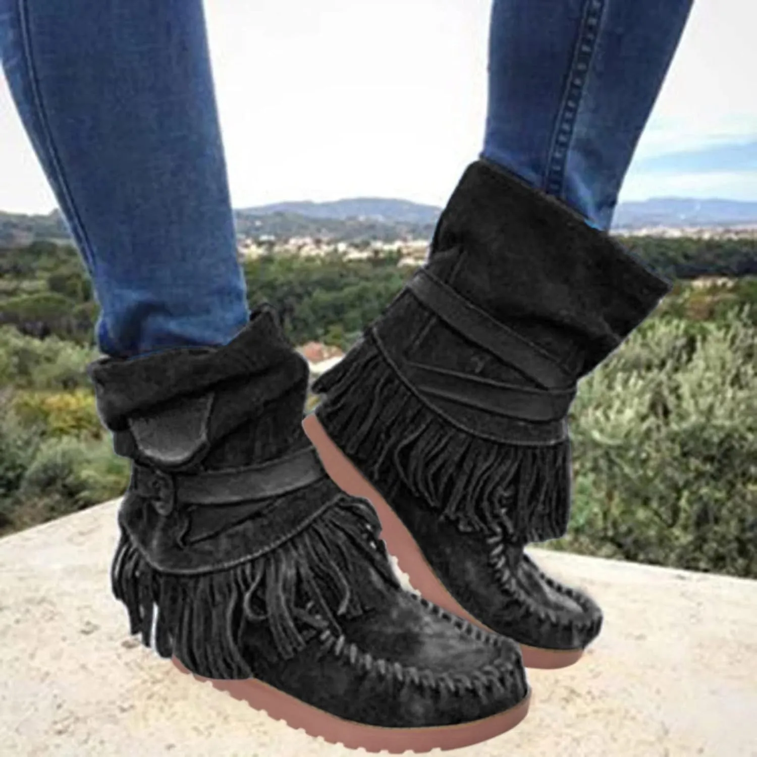 Women's Tassel Booties Fashion Fringe Suede Moccasins Ankle Boots Retro Ethnic Wedge Wide Mid Calf Booties Winter Warm Riding Short Ankle Boots For Girls