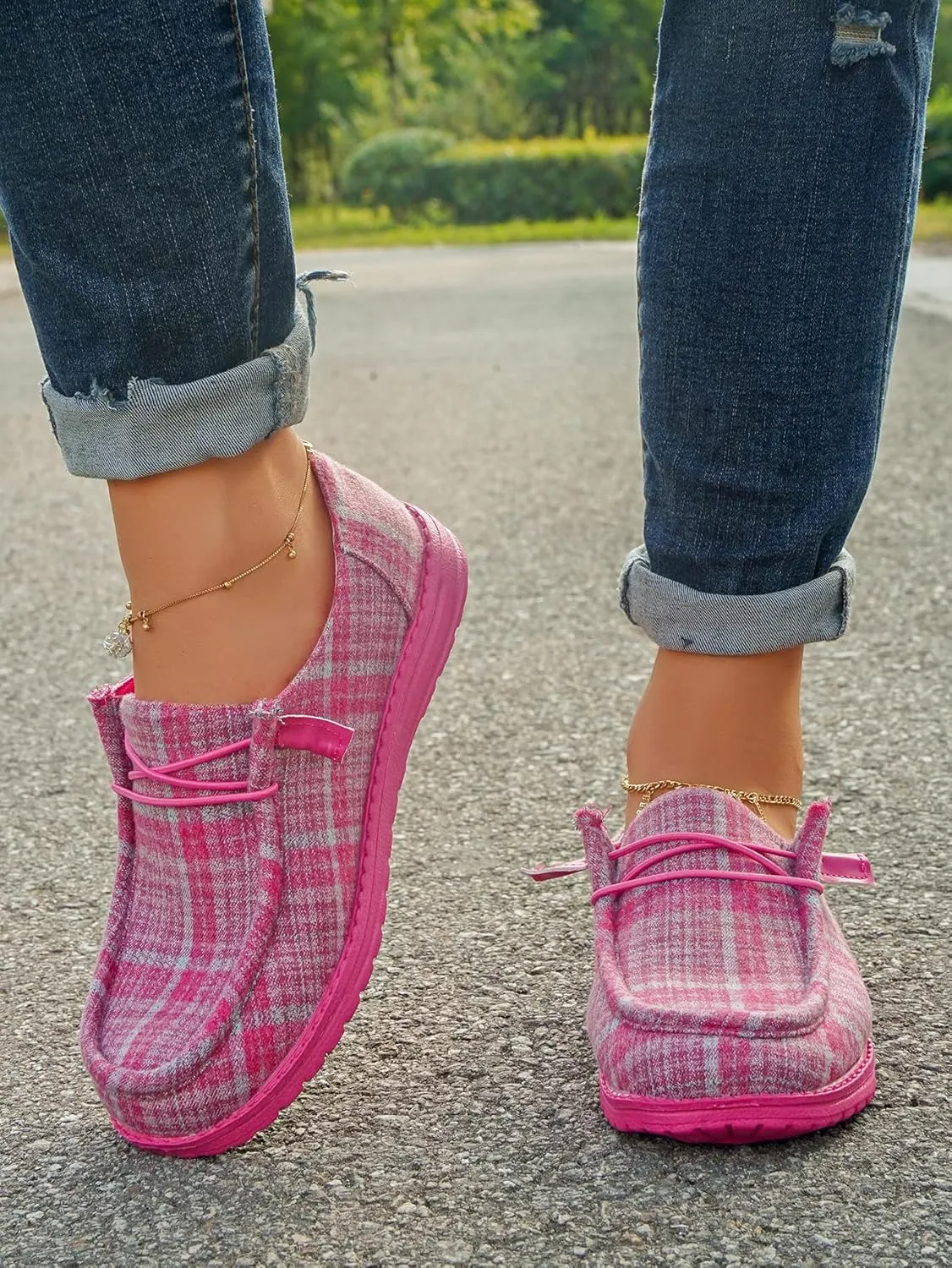 Women's Textured Pattern Lace-up Tied Canvas Flat Shoes, Round Toe Slip-on Casual Dressy Loafers, Lightweight Comfortable Easy-Walk Anti-Slip Sneakers, Grey or Rose-Red, All Season Fit, Size6-11