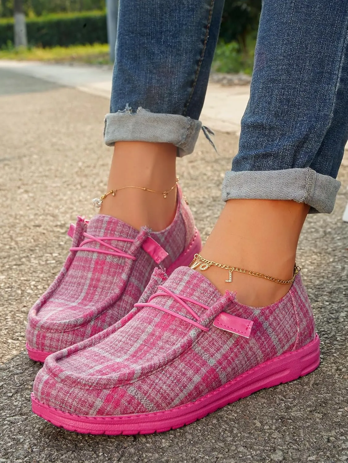 Women's Textured Pattern Lace-up Tied Canvas Flat Shoes, Round Toe Slip-on Casual Dressy Loafers, Lightweight Comfortable Easy-Walk Anti-Slip Sneakers, Grey or Rose-Red, All Season Fit, Size6-11